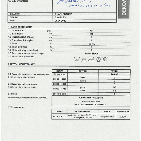 charles - oswiadczenie oeko tex